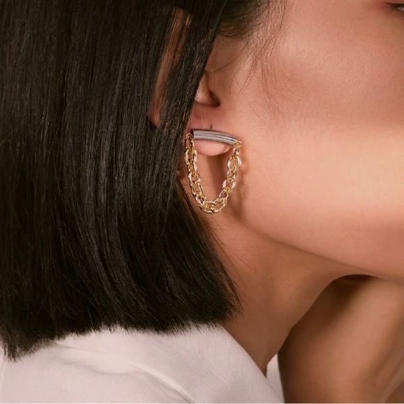 GOLD & SILVER PLATED STAINLESS STEEL GEOMETRIC CHAIN DANGLE DROP INDUSTRIAL EAR - Picture 10 of 14